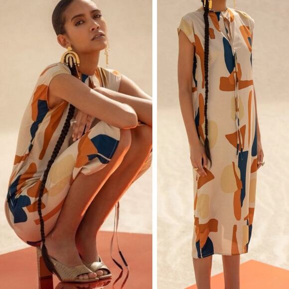 Diarrablu Fany Dress 2XL Plus Size Midi Geometric Print Peasant Tie Artsy Shift - Picture 1 of 12